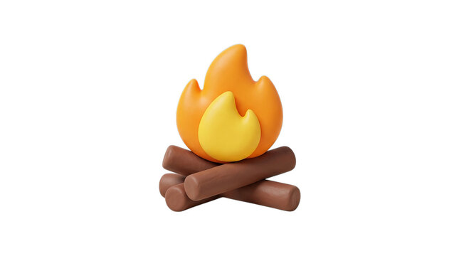 Cute campfire icon, 3d render fire emoji illustration. Bonfire symbol design with brown logs and yellow orange flame. Outdoor camping concept emoji character. isolated on Transparent Background