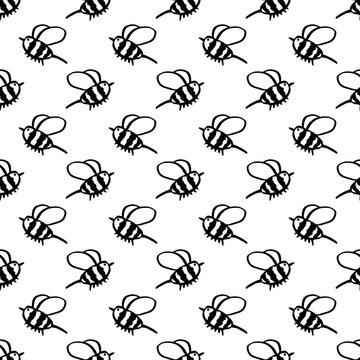 Seamless pattern with hand drawn happy funny cute honey bee Adorable flying striped insect friendly kawaii bumble bee For kids print, wrapping paper, packaging, fabric
