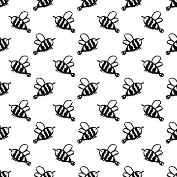 Seamless pattern with hand drawn happy funny cute honey bee Adorable flying striped insect friendly kawaii bumble bee For kids print, wrapping paper, packaging, fabric