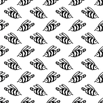 Seamless pattern with hand drawn happy funny cute honey bee Adorable flying striped insect friendly kawaii bumble bee For kids print, wrapping paper, packaging, fabric