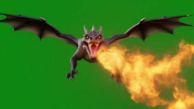 Fiery Dragon Flying and Breathing Fire on Green Screen Background