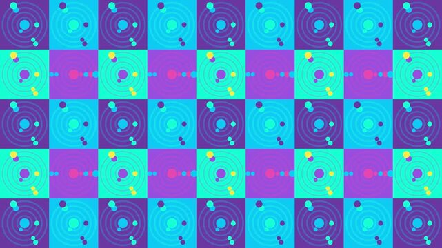 Abstract geometric checkerboard pattern seamless loop with vibrant neon circles and retro colors background video