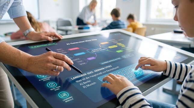 Interactive touchscreen table being used by students and a teacher in a classroom for collaborative learning and information sharing.