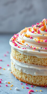 Moist vanilla cake with creamy frosting and sprinkles, creamy, || moist