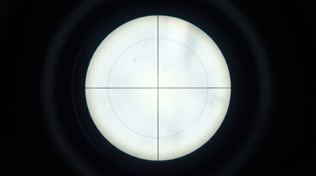 View through a rifle scope crosshair aimed at a blank, light-colored circular target with subtle markings.