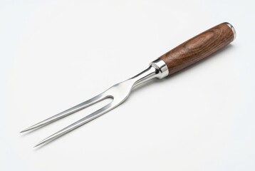 Fototapeta premium Professional Stainless Steel Meat Carving Fork with Elegant Wooden Handle Isolated on White Background