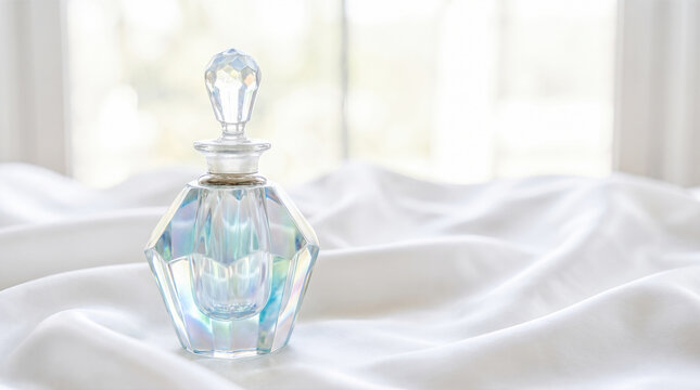 Elegant faceted glass perfume bottle resting on delicate white silk fabric near bright window with gentle morning light illuminating beautiful iridescent geometric cosmetic container