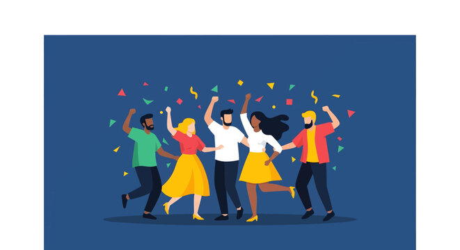 Diverse group of happy people celebrating and dancing together with colorful confetti falling around them.