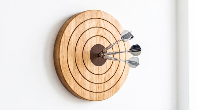 Three metallic silver darts hitting center bullseye on round wooden dartboard mounted onto clean flat white wall achieving perfect precise score competitive game