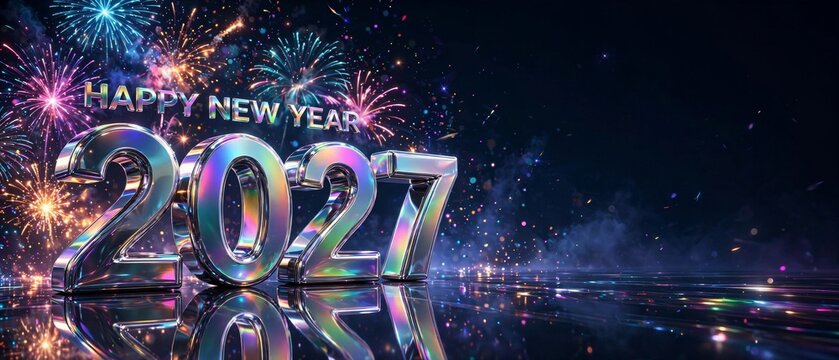 Experience excitement new year 2027 through vibrant fireworks in stunning three dimensional design set in festive atmosphere