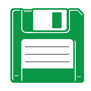 Simple green floppy disk vector icon with vintage technology style, retro geometric shape, clean details, nostalgic appearance, and classic computer design.