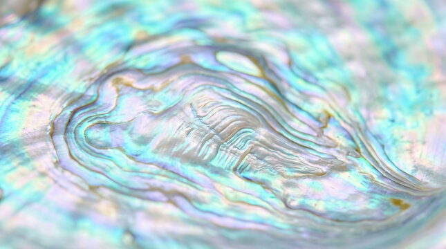 iridescent abalone shell nacre surface showing colorful rainbow swirls, natural marine mollusk texture, macro view displaying detailed organic mother pearl pattern