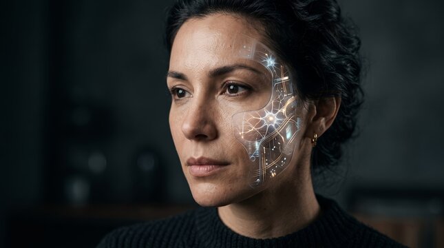 A realistic human face revealing a hidden artificial structure represents the invisible technology behind synthetic identities and deepfake media.