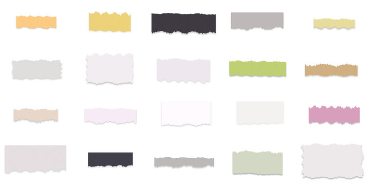 Assorted colorful torn paper strips and scraps for scrapbooking and graphic design elements