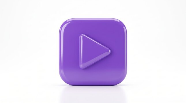 Glossy purple 3D play button icon, multimedia video player symbol, rounded square shape design element for web interface or app, vibrant violet color media control key