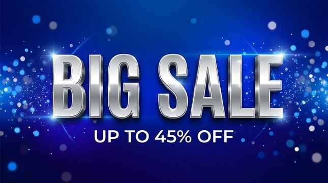 Shiny metallic big sale banner design with forty five percent off text on blue glowing background