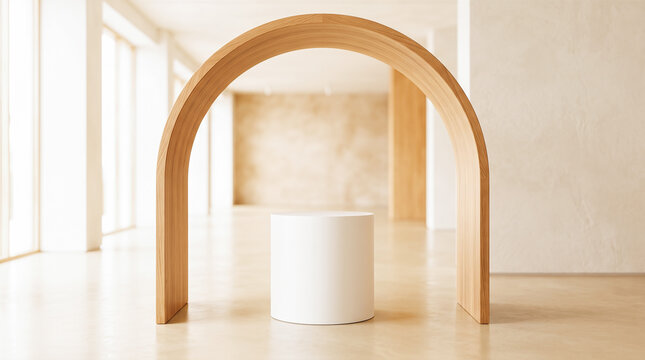 round white cylinder podium standing under curved wooden arch structure inside bright sunlit showroom interior for cosmetic product mockup display presentation