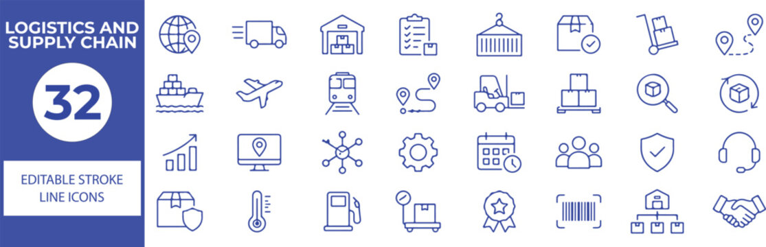 32 Logistics and Supply Chain Vector Outline Icons Set,Transportation, Warehouse, Delivery, Shipping, Inventory and Distribution Line Symbols Collection