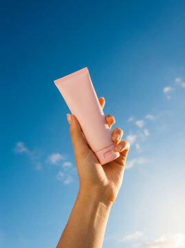 Hand holding sunscreen tube under bright sky