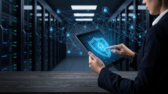Professional Cybersecurity Expert Monitoring Digital Data Protection Systems Within A Modern Secure Server Room Facility