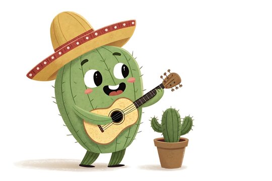 Cute cartoon cactus playing acoustic guitar with sombrero