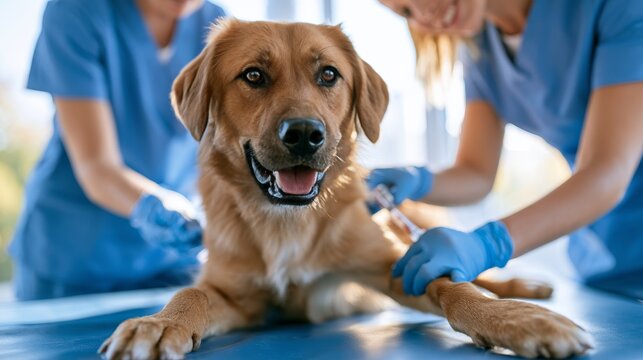 Golden retriever dog receiving veterinary care from two female technicians in blue scrubs, with bright clinic environment and medical equipment visible in the background