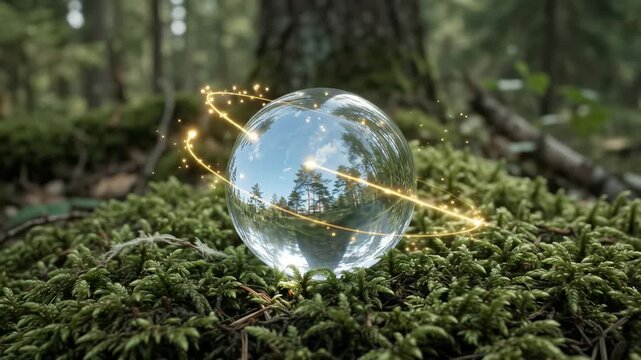 Crystal ball forest moss magic nature sphere glowing reflection woodland. A clear crystal sphere rests on green moss while golden particles orbit through a tranquil woodland for commercial advertising