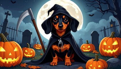 Fototapeta premium Cute Dachshund as a Tiny Grim Reaper in a Foggy Halloween Graveyard