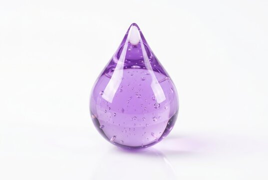 Elegant Purple Glass Teardrop Paperweight with Internal Air Bubbles Isolated on White Background