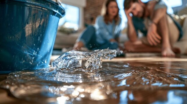 Water spilled on wooden floor with blue bucket in foreground, distressed couple sitting in background, sunlight streaming through window in modern living room