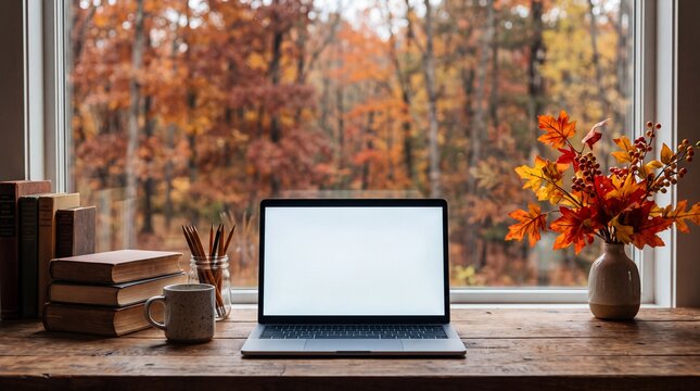 Laptop computer with blank screen on a wooden desk by a window in autumn with books autumn leaves white screen sits next books electronics arrangement technology