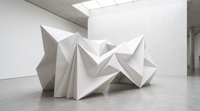 Large white geometric abstract sculpture with sharp angles and polygonal shapes displayed in a minimalist modern art gallery space with concrete floors, clean white walls