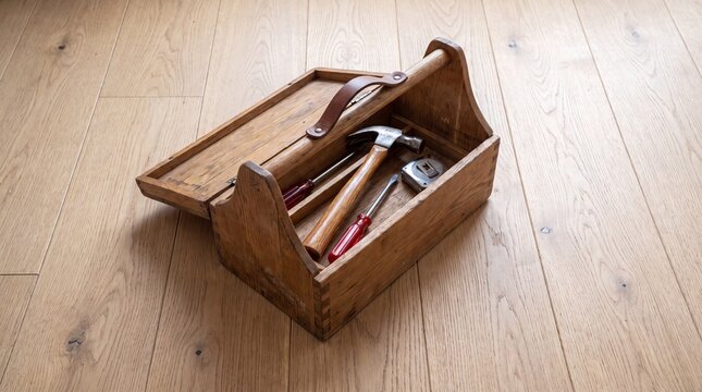 Vintage wooden toolbox with hammer and hand tools. Rustic carpenter tool box on oak floor. Antique woodworking equipment for home repair.