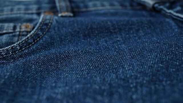Closeup macro shot of blue denim jeans fabric texture with pocket and stitch detail. Perfect for fashion, clothing, and textile concepts