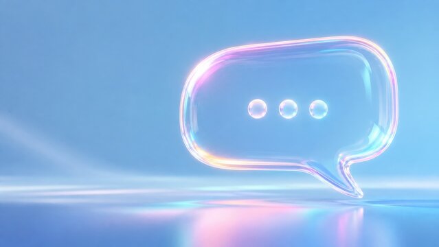 Clear glass speech bubble with three dots, soft pastel colors and bright blue background.