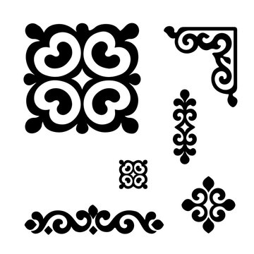 Kazakh ornamental patterns collection &ndash; circular, square, horizontal, vertical and corner elements
