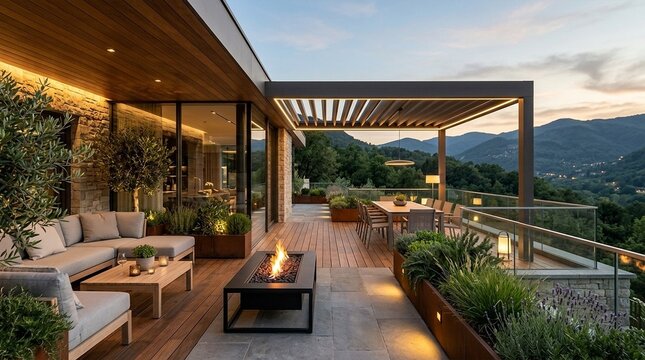 Luxury modern terrace with fireplace, dining area, panoramic mountain view at dusk