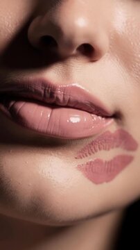 Close up of glossy pink lips with lipstick kiss mark on cheek beauty makeup concept