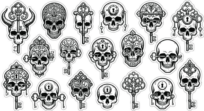 Set of black and white vintage tattoo illustrations featuring human skulls combined with antique keys and ornate decorative elements human skull antique key tattoo design