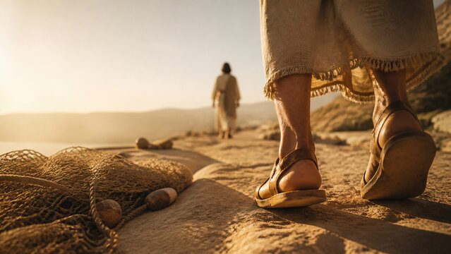 Fisherman leaving his net and sandals to follow Jesus walking along seashore path at dawn. Biblical scene of calling of disciples. Faith, discipleship and answer to the call of Christ concept.