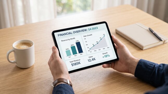 Businessman holding tablet displaying financial overview dashboard for Q4 2023, analyzing revenue growth charts and user statistics on screen, modern office workspace with coffee