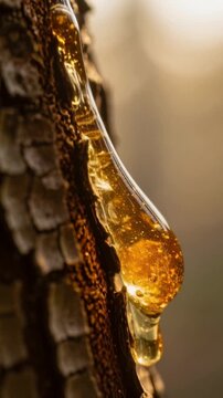 Close up of golden tree resin dripping from bark with sunlight shining through natural amber sap