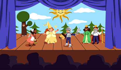Fototapeta premium Kids theater scene with curtains and little actors. Child theatre performing. Cute children play roles on stage of theater. Theatre club in school. Children play drama and comedy shows on stage