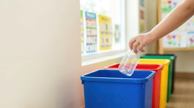 Child's hand dropping clear plastic bottle into blue recycling bin.