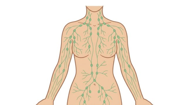 Human lymphatic system anatomy illustration with nodes and vessels in body outline.