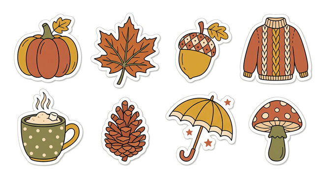 Cute autumn fall doodle sticker set, cozy seasonal vector icons isolated on white background
