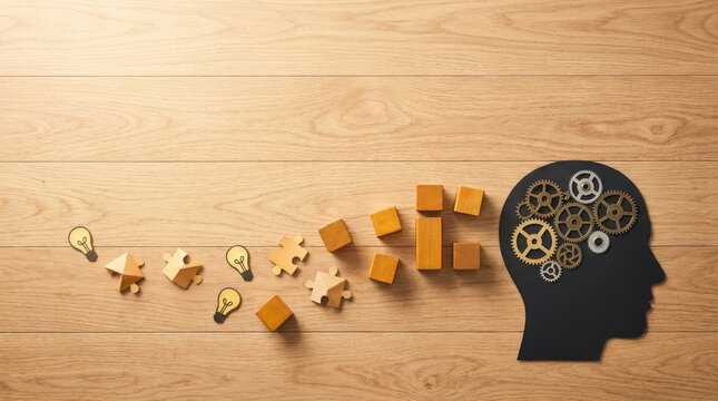 Human head silhouette with gears and puzzle pieces symbolizing innovative thinking.