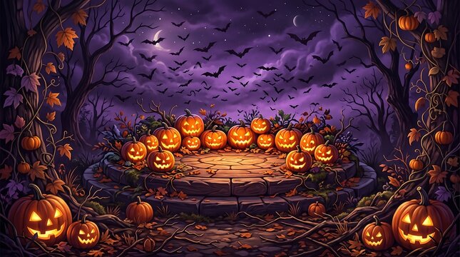 Spooky Halloween Night with Glowing Pumpkins and Trees