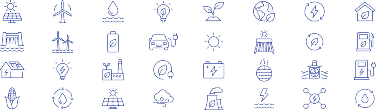 32 Renewable Energy and Green Energy Vector Outline Icons Set,Solar, Wind, Electricity, Eco Technology and Sustainable Energy Line Symbols Collection