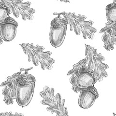 Hand drawn oak acorns and leaves seamless pattern in pencil sketch style. Ideal for wilderkind decor, autumn textile print, organic packaging, cottagecore wrapping paper, farmhouse wallpaper. © Margarita
